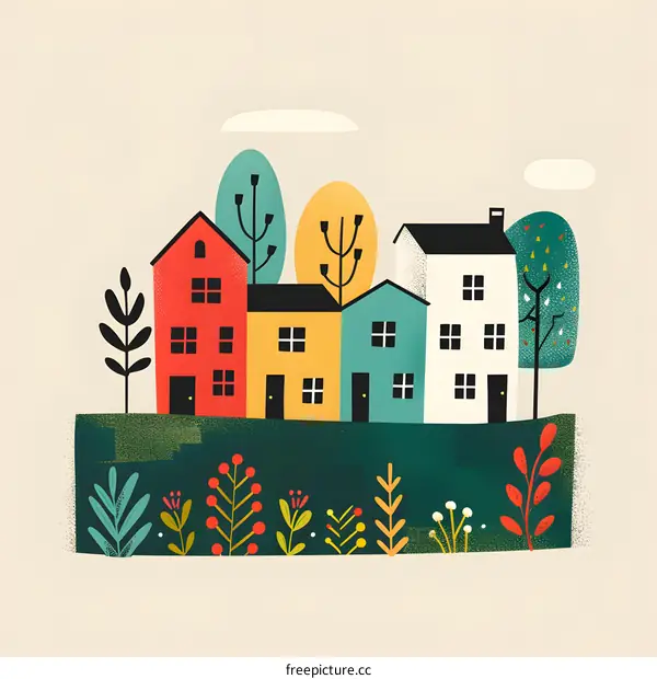 Colorful Illustration of Houses with Trees and Flowers