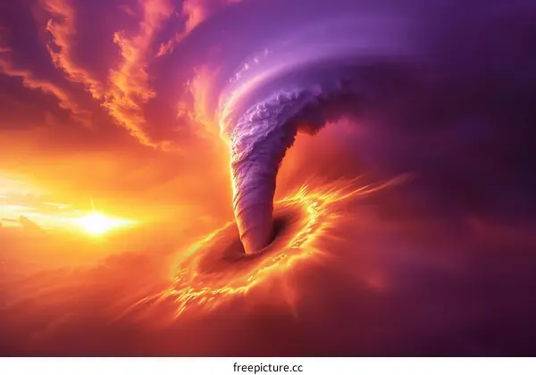 A powerful tornado sweeps through a vibrant landscape