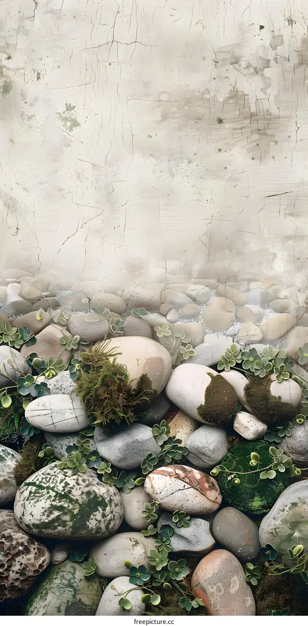 Close Up of Smooth River Stones with Green Plants