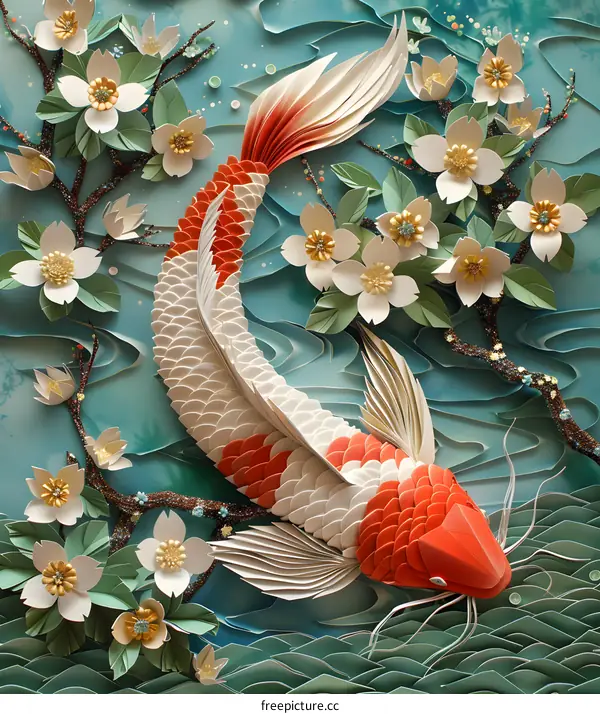 A 3D illustration of a koi fish made of paper with cherry blossoms