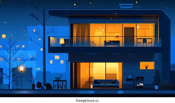 Night View of Modern House Illustration