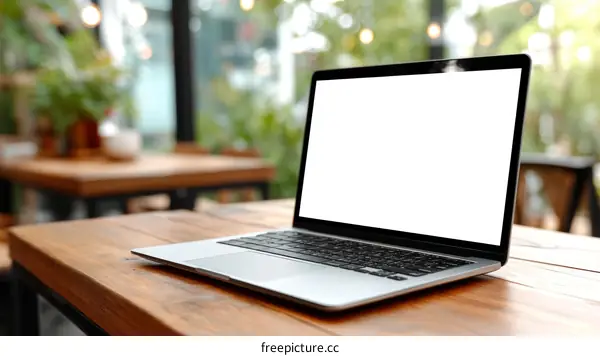Laptop on Wooden Table in Cafe Setting