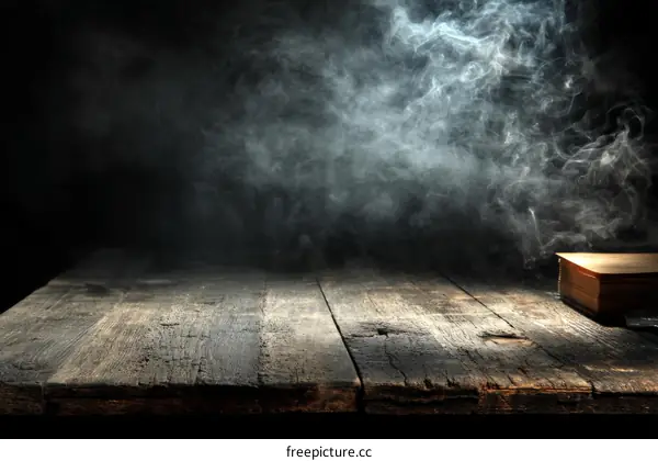Mysterious Wooden Tabletop with Smoky Background