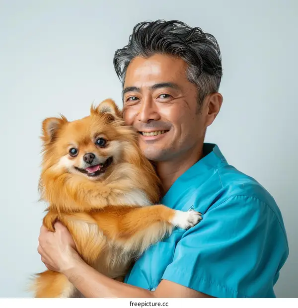 Asian male veterinarian hugging a Pomeranian dog