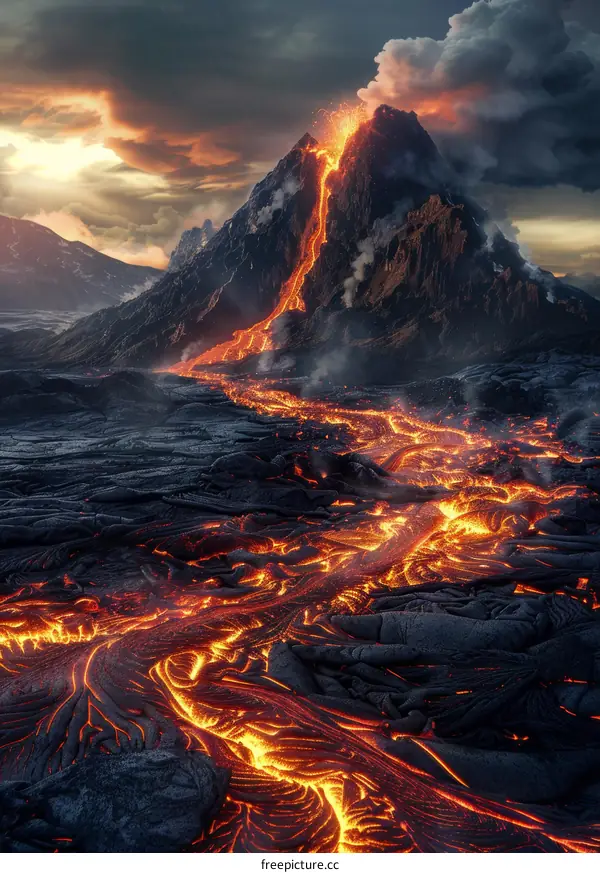 Lava Flowing Down a Mountainside During a Volcanic Eruption