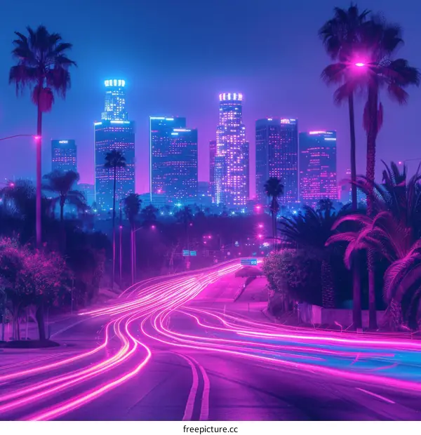 A Futuristic Cityscape with Neon Lights and Palm Trees