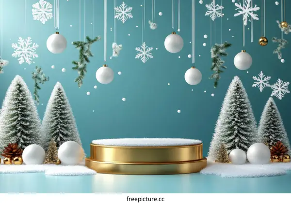 Christmas Scene with Snow-Covered Christmas Trees and a Golden Podium