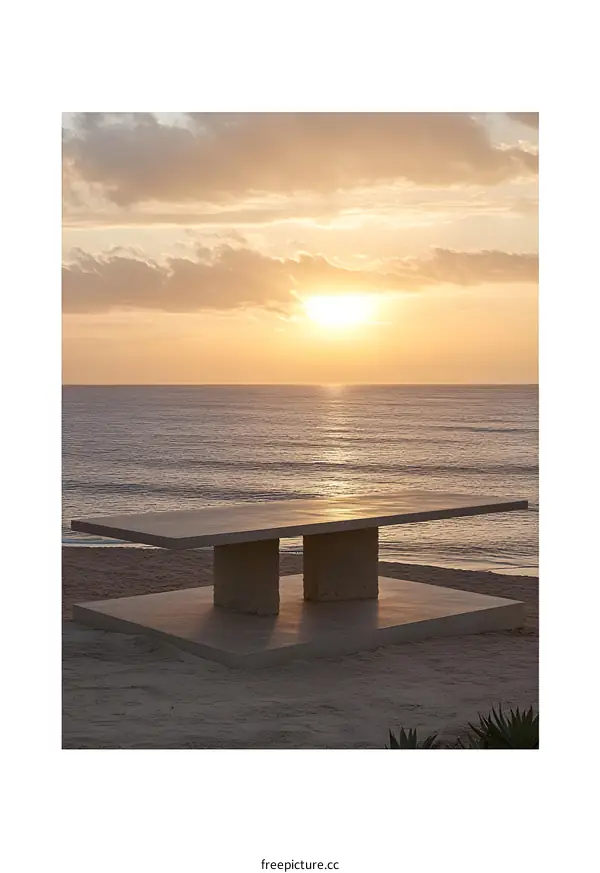 Sunset over Ocean with Concrete Bench