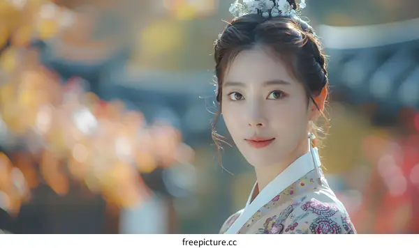 portrait of a beautiful smiling asian woman in traditional korean hanbok dress