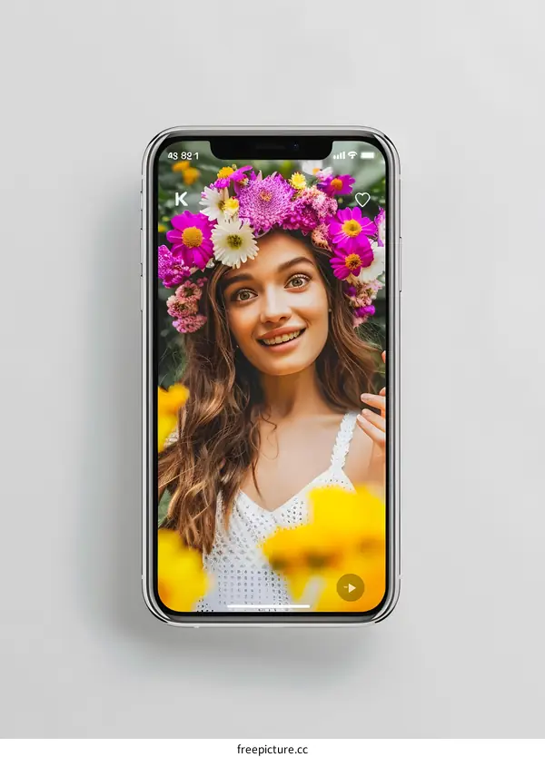 Woman with Flower Crown on Phone Screen