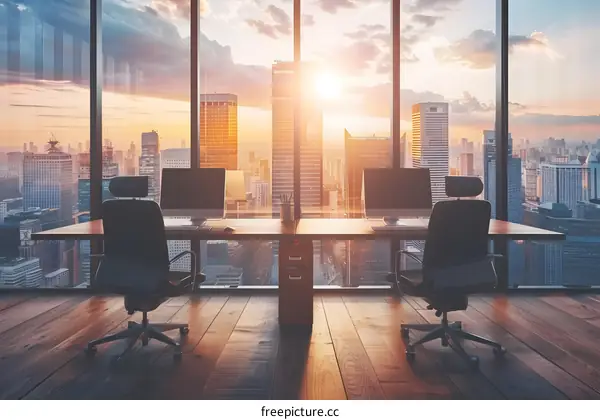 Modern Office with Cityscape View at Sunset
