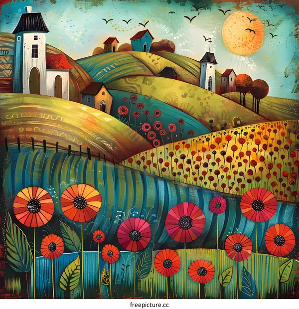 Colorful Illustration of a Landscape with Houses and Flowers