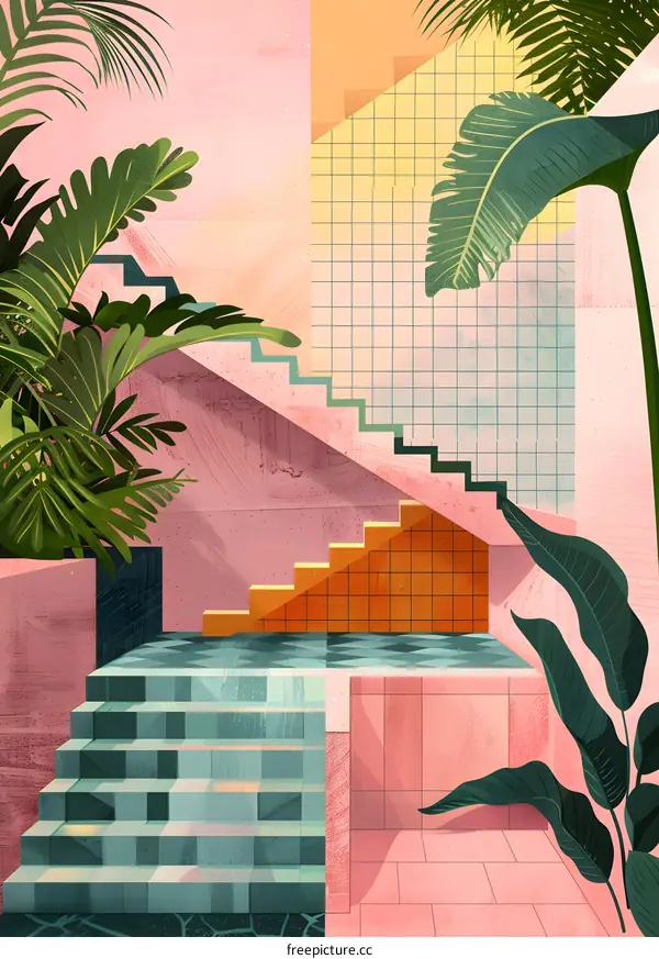Abstract Minimalist Illustration of Geometric Steps with Tropical Plants