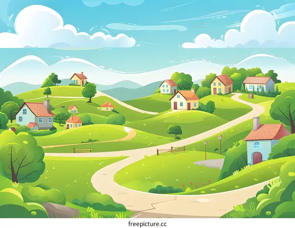 Cartoon Illustration of Green Hills with Houses and Winding Road