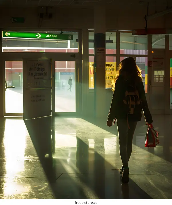 Young Woman Walking Through a Doorway with Sunlight Streaming Through