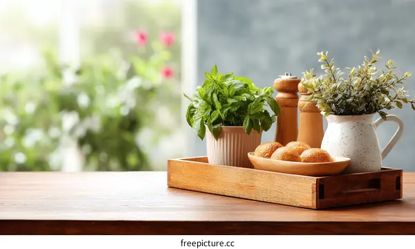 Wooden Tray with Fresh Herbs and Bread on a Table