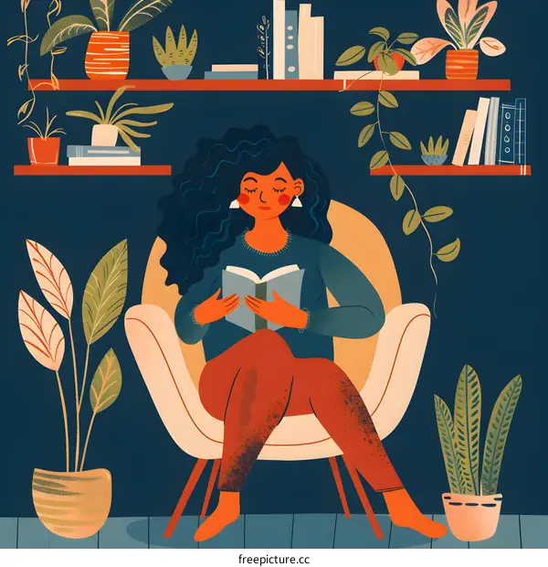 Woman Reading in a Comfortable Chair Surrounded by Plants and Books