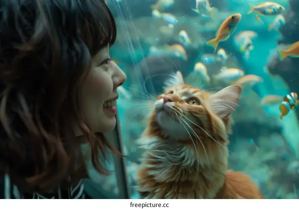 A woman and a cat looking at fishes in an aquarium