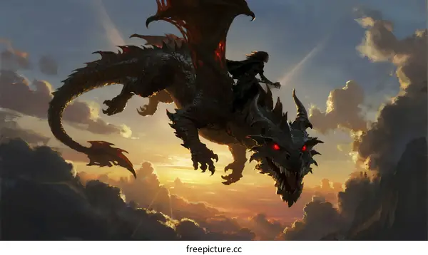 A Dark Dragon Flying Over Clouds at Sunset with Rider