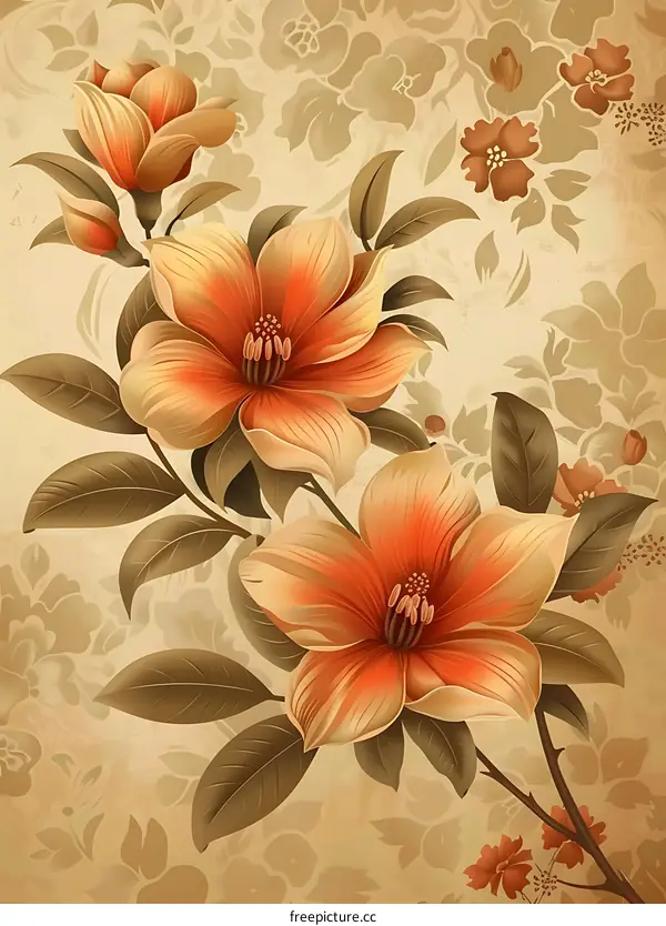 Vintage Floral Pattern With Orange Flowers