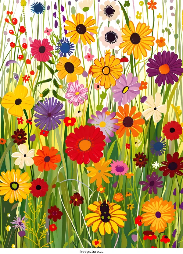 Colorful Wildflowers  In Green Grass