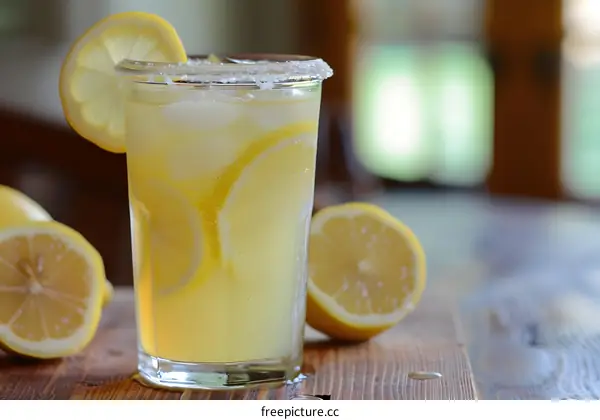 Glass of Lemonade with Lemon Slices and Ice