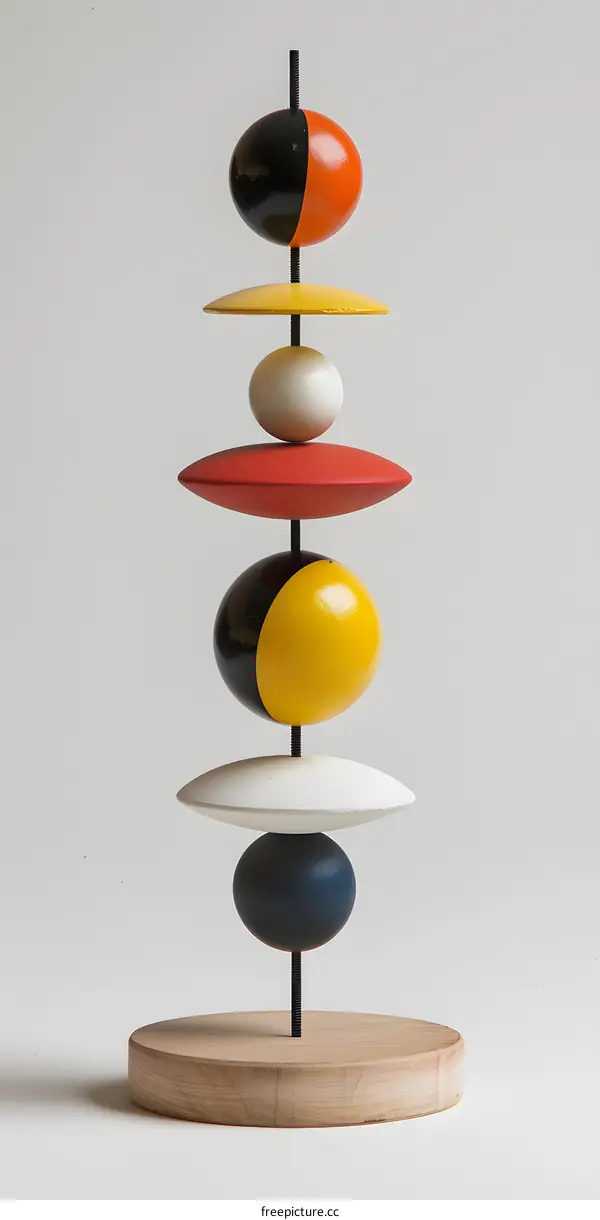 Abstract Wooden Sculpture with Colorful Geometric Shapes