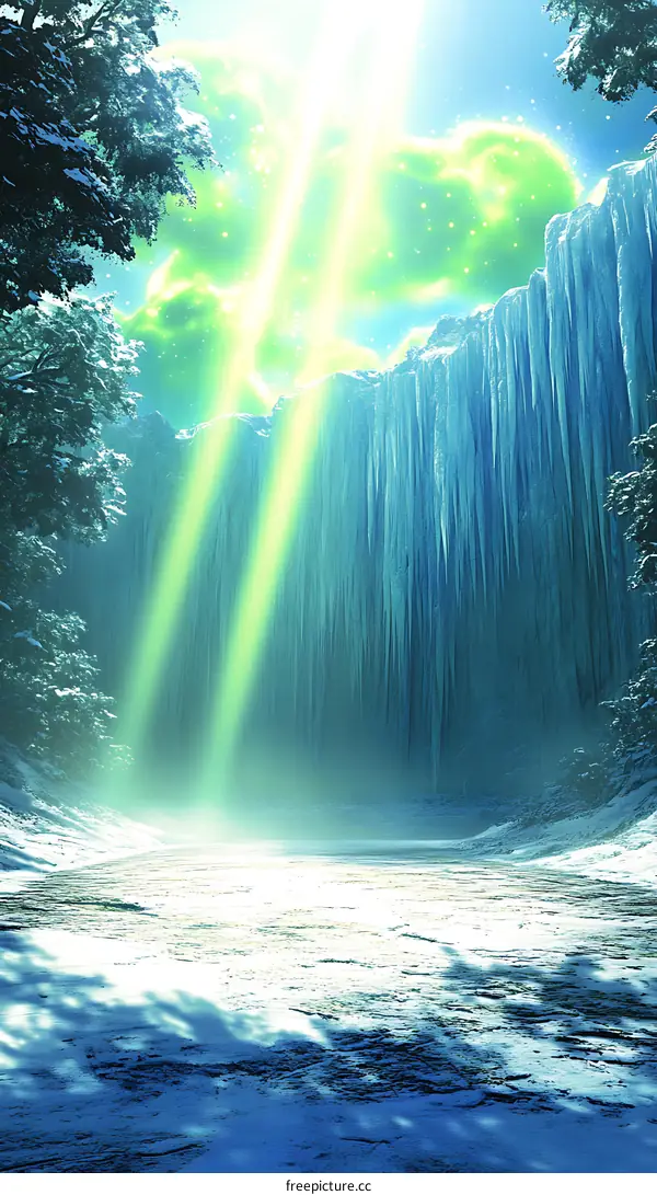 Fantasy Winter Landscape with Icicles and Green Light