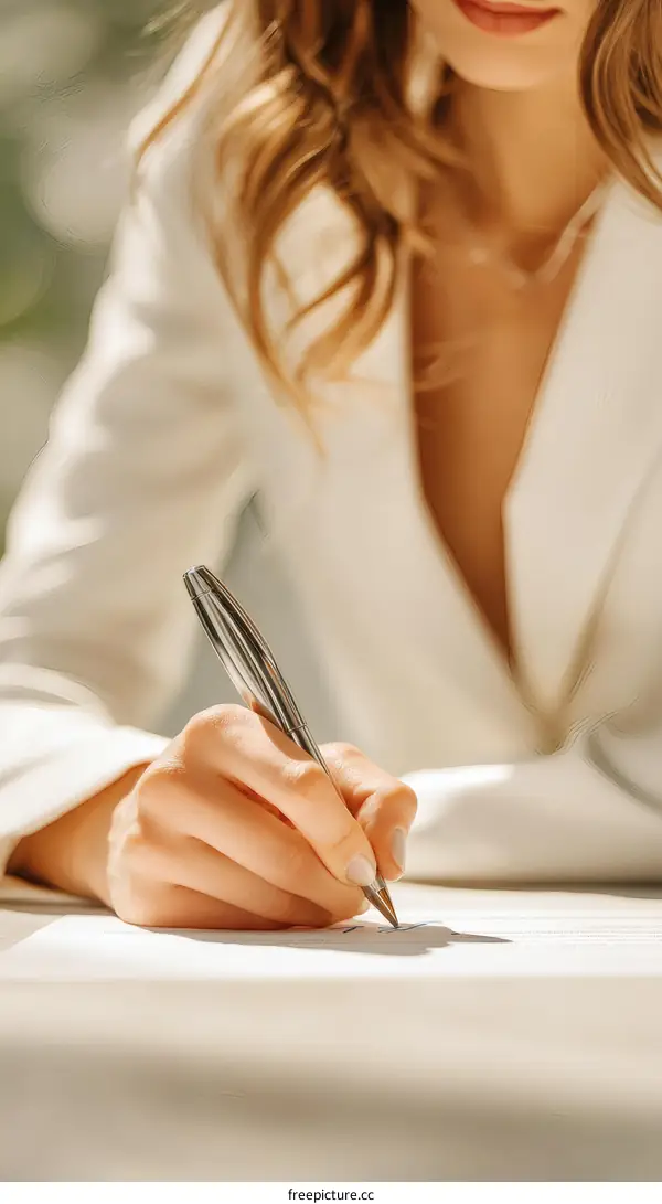 Woman Signing Documents Outdoors