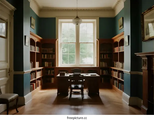 A quiet study room with bookshelves and a large window