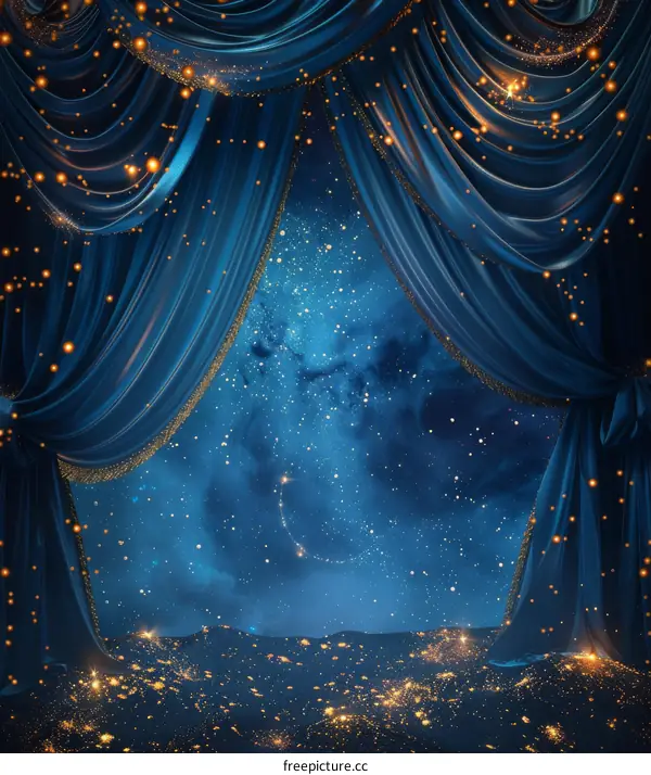 Blue night sky theater stage with stars and glowing particles