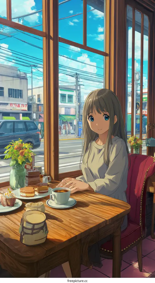 Girl enjoying coffee and pastries in a cafe illustration