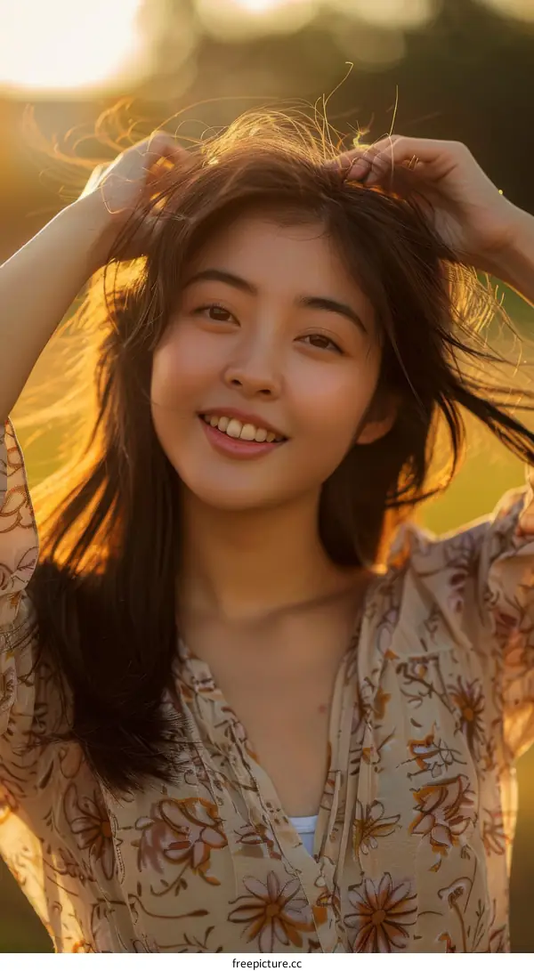 Portrait of a smiling young Asian woman in a field of flowers
