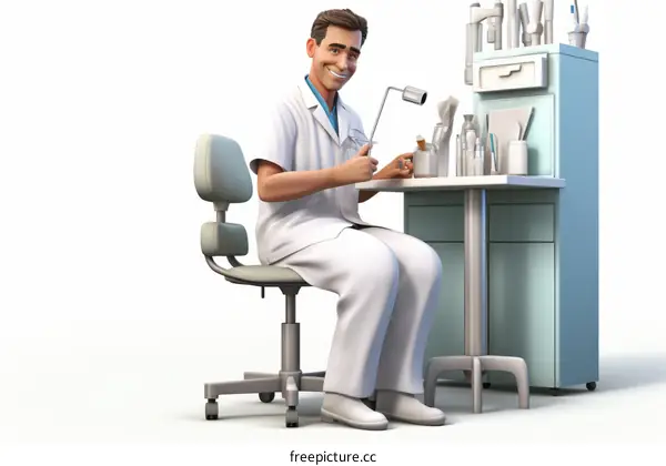 A male dentist is sitting in a chair in his office. He is wearing a white lab coat and has a smile on his face. There are dental tools and supplies on the table next to him.