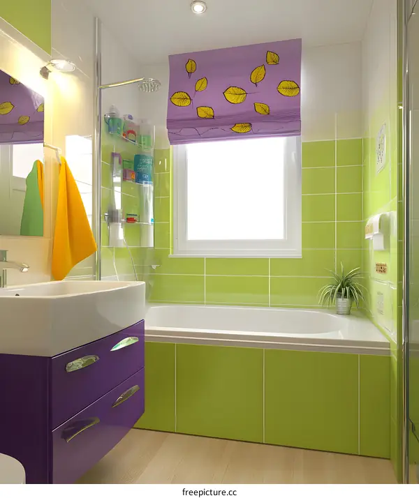 Modern Bathroom Interior Design with Green Tiles and Purple Vanity
