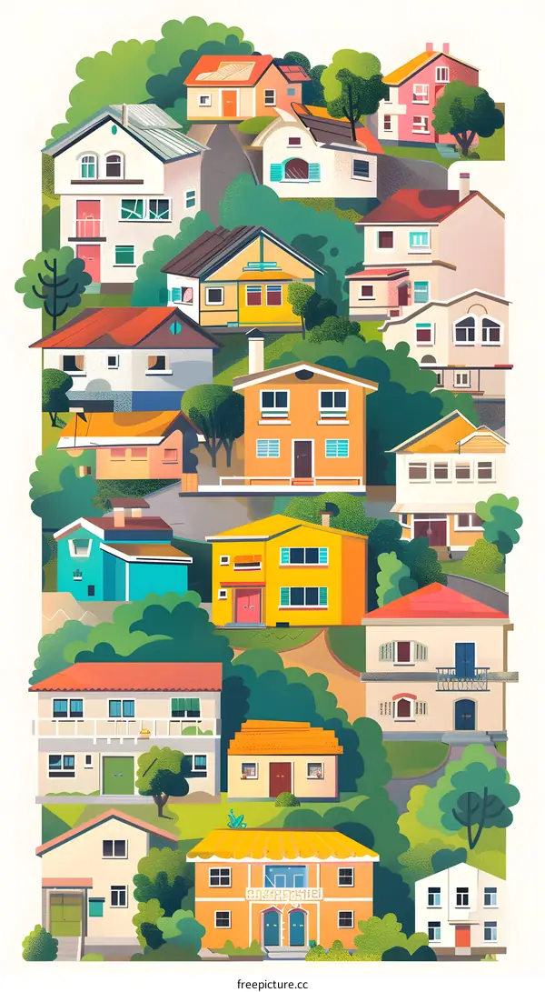 Colorful Illustration of Houses on a Hillside