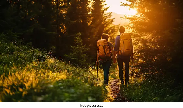 Couple Hiking in Forest at Sunset