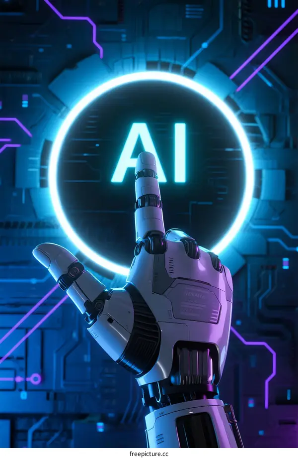 Robotic Hand Pointing to AI Symbol in Digital Circuit Background