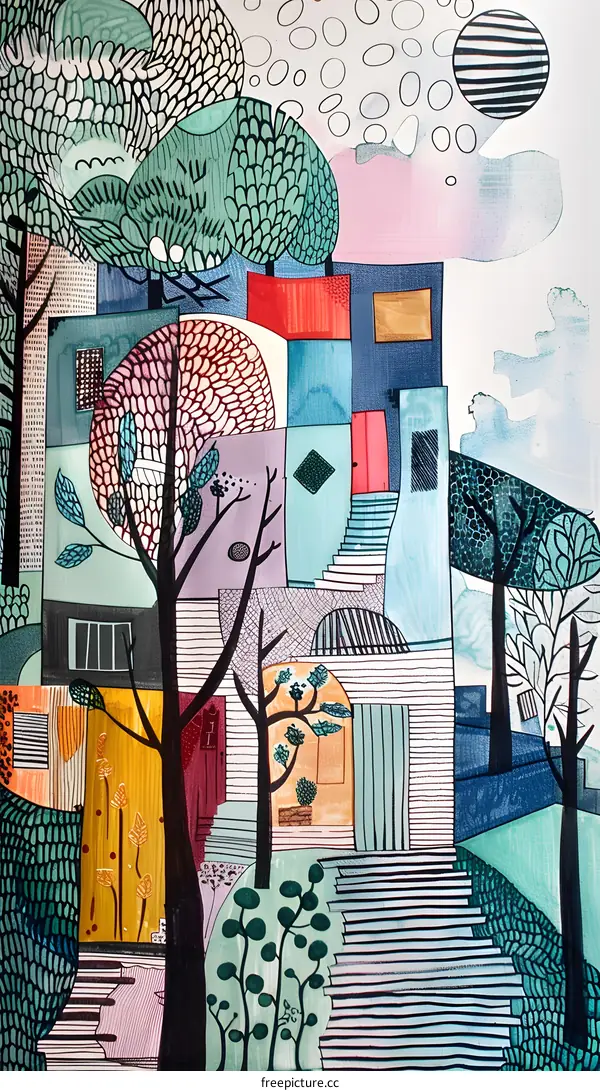 Abstract Watercolor Painting of a House with Trees