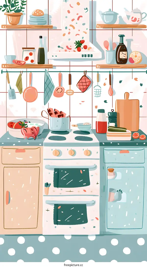 Kitchen Interior Illustration with Stove, Cabinets and Utensils