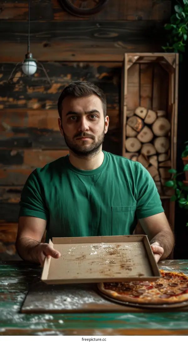 A man with beard holding an empty pizza box