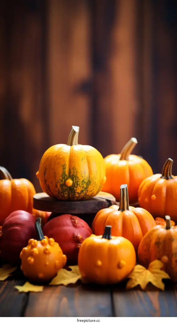 Autumn Harvest Pumpkin Display on Wooden Table