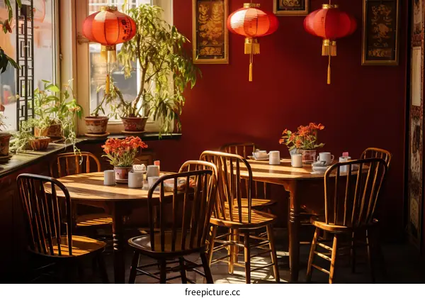 Chinese restaurant with red walls and round tables