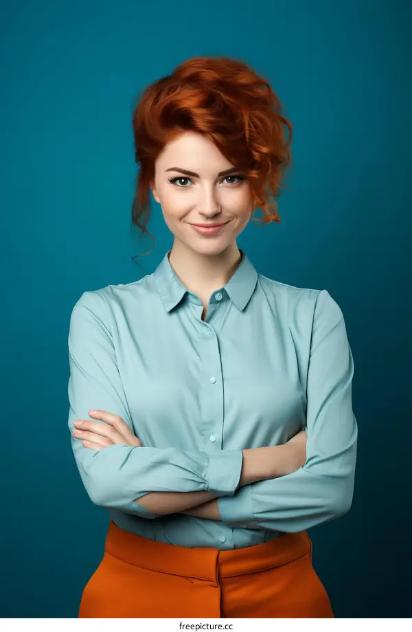 portrait of a young woman with red hair and blue eyes wearing a blue shirt and orange pants