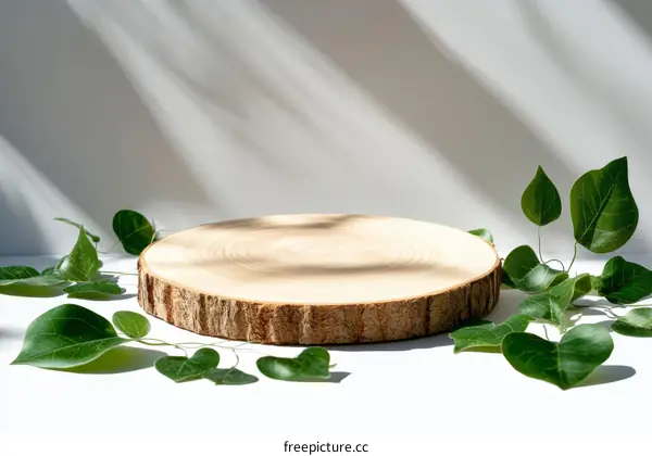 Wooden Slice Display with Green Leaves