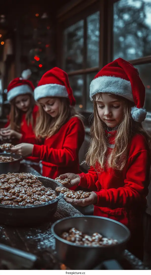 Three Little Girls Making Christmas Cookies