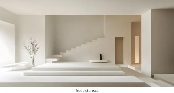 Minimalist White Interior Design with Stairs and Branch