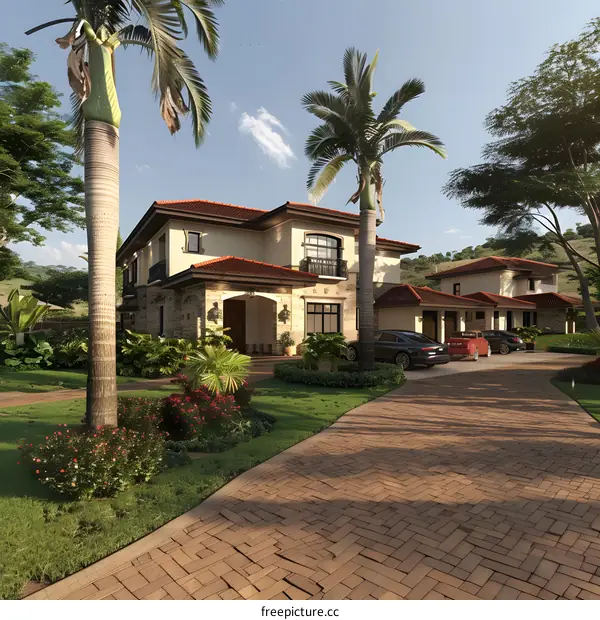 Luxury Modern House with Palm Trees and a Stone Driveway