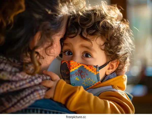 Toddler boy wearing a facial mask being carried by an adult