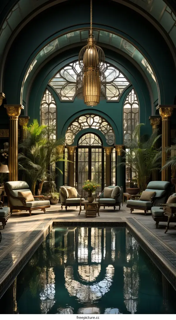 Luxury Indoor Swimming Pool with Green Walls and Arched Windows